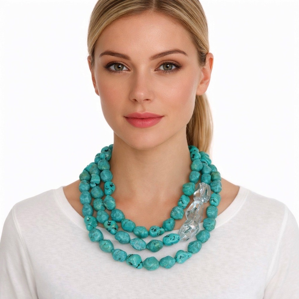 Chunky Turquoise Blue Triple Strand Necklace w/Clear Faceted Beads Chic  103-41